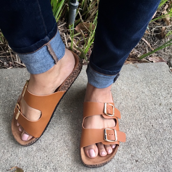 LAST 1❤️ TAN DOUBLE STRAP CORK SLIDE SANDALS - Picture 2 of 8